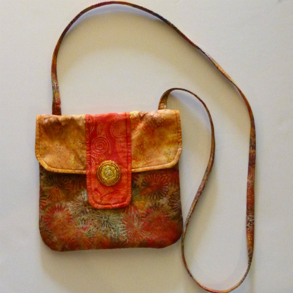 Multicolor Orange and Browns Flower Batik Print  Messenger Bag, Purse with a Handmade Beaded Button, Purse,School  Bag