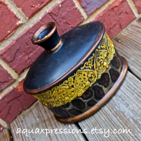 Vase /Leopard Print /Accented Bright Yellow /Shabby Chic /Home Decor /Upcycled /Painted Vases