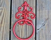 Hand Towel Ring / Cherry Red Fleur de lis Holder/ Distressed Cast Iron / Bathroom Fixture/ Accessory Rack / Shabby Chic/ Gift Ideas