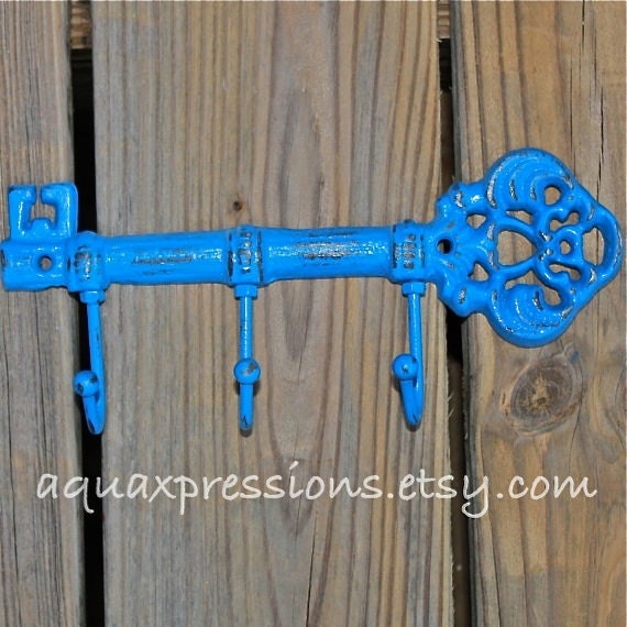 Cast Iron /Bright Blue /Metal Key Hook /Wall Hanger/ Skeleton Key Rack/ Fun Elegant Wall Decor/ Cottage Shabby Chic / Painted