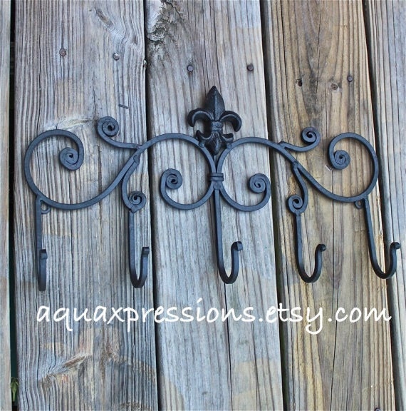 Metal Wall Hook /Black Hanger/ Five Hook/ Fleur de lis metal decor/ Decorative Key, Towel Holder/ Painted Coat Rack/ Iron /French Country