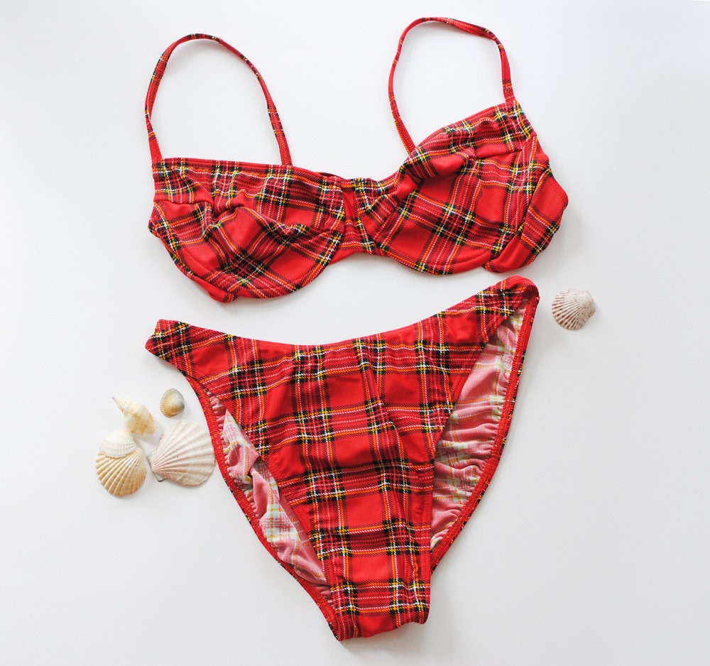 Vintage Bikini -Striped Swimwear -Bathers -Togs -Underwire Bikini set -Red Plaid - Size 42 C Cup