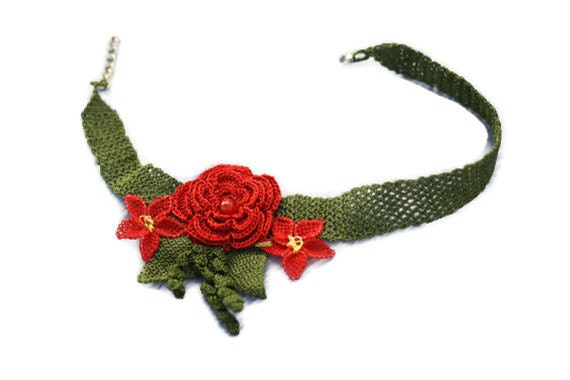 Unique Red Flowers on Green Crochet Handmade Necklace Swarovski