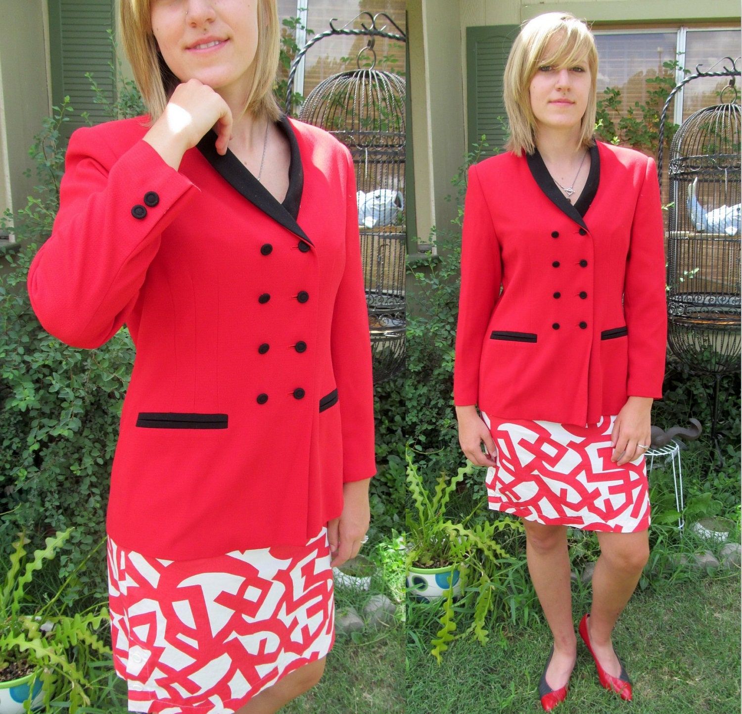 Vintage 80's Blazer / 80s Suit Coat / 80s Pea Coat Blazer / Red and Black Rayon Jacket Blazer / Suit Jacket