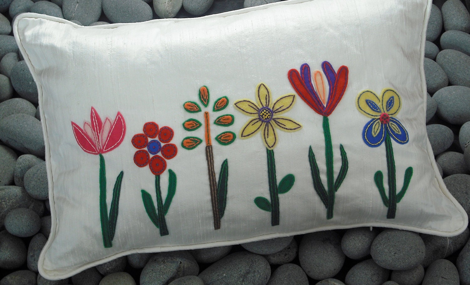 White Silk Pillow Applique Felt Abstract Colorful Flowers