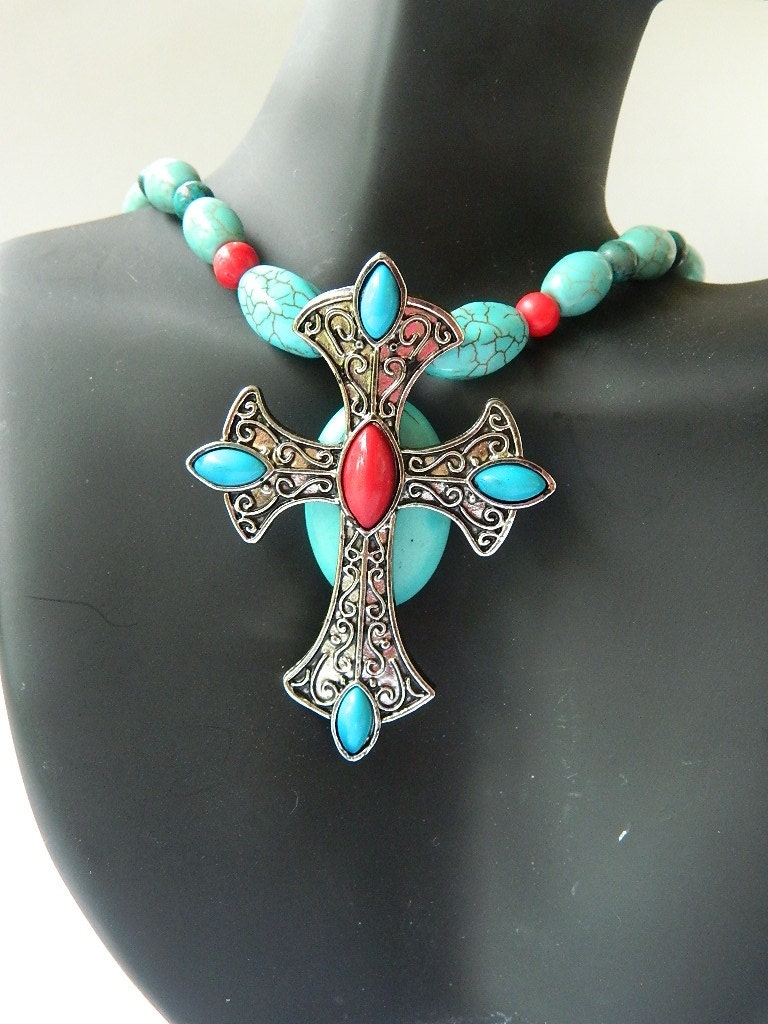 Turquoise necklace big cross pendant