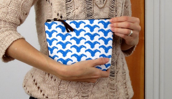 OOAK, Small Zipper Pouch, Screen Printed, Leather Back, Original Whale Tale design, Tie-died Interior in Tangerine, White, Blue, Chocolate