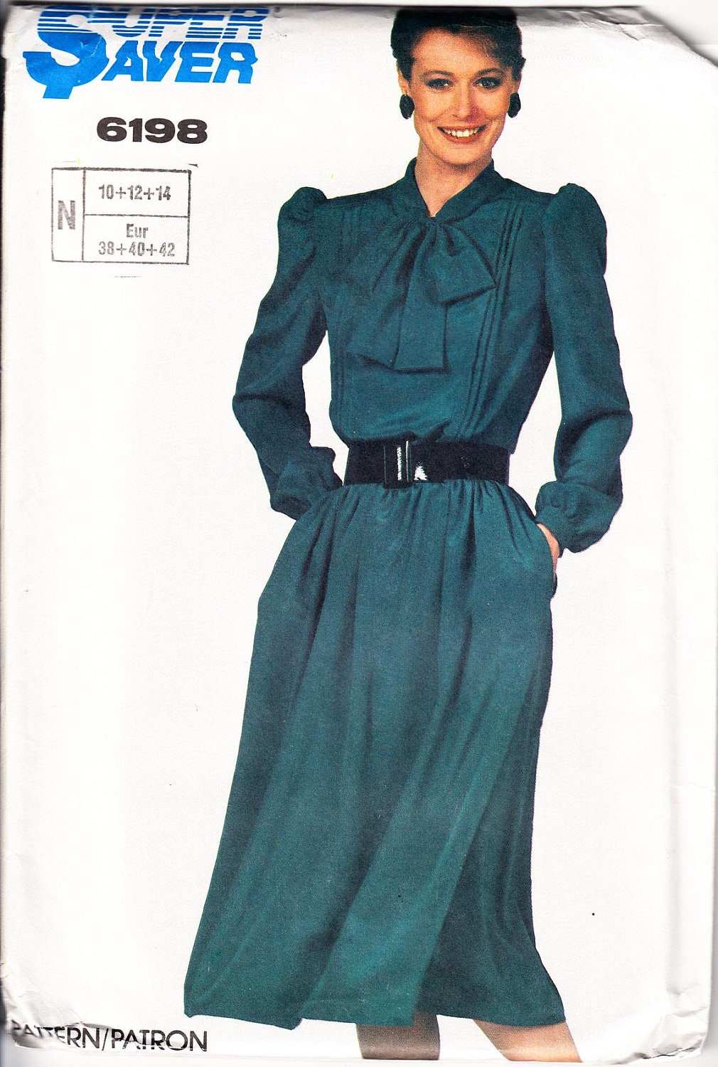 6198 Gather Waist Long sleeve Bow Dress 1980's Vintage Sewing Pattern size10 12 14 UNCUT