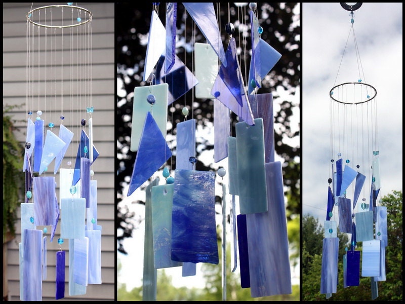 Stained Glass Windchime Mixed Blues Indoor Outdoor Decor Garden