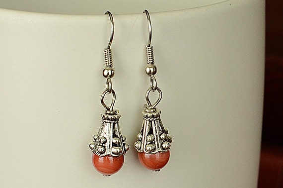 Silver Dangle Earrings with Coral Beads