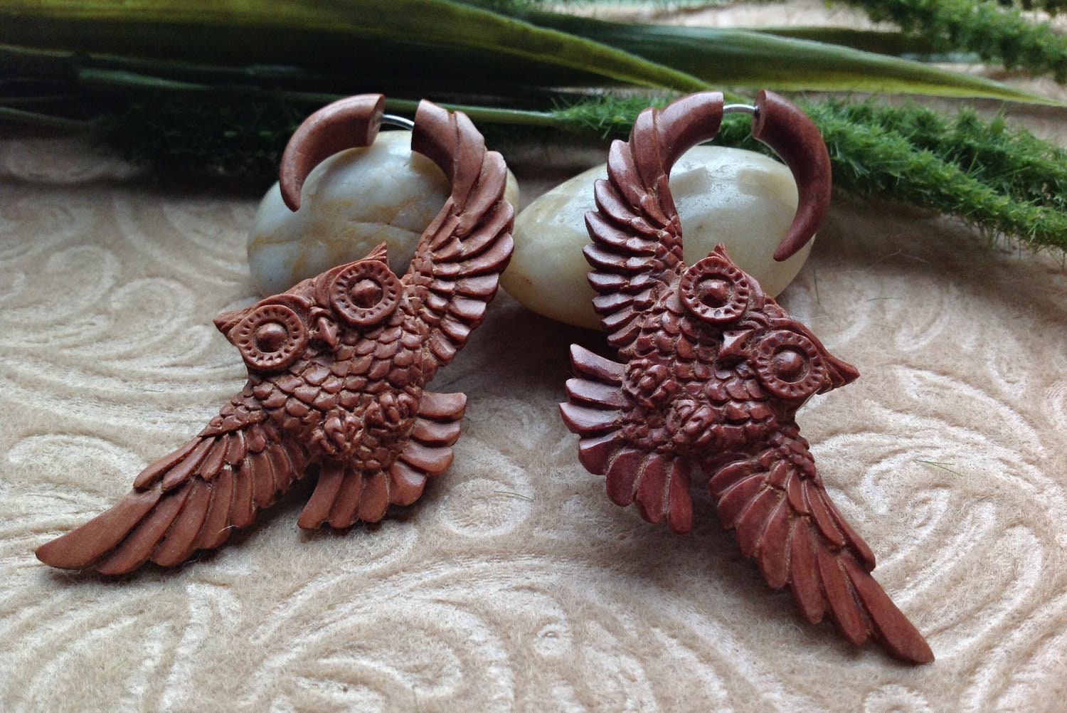 Fake Gauge Earrings, "Wood Owl" Naturally Organic, Saba Wood, Hand Carved, Tribal