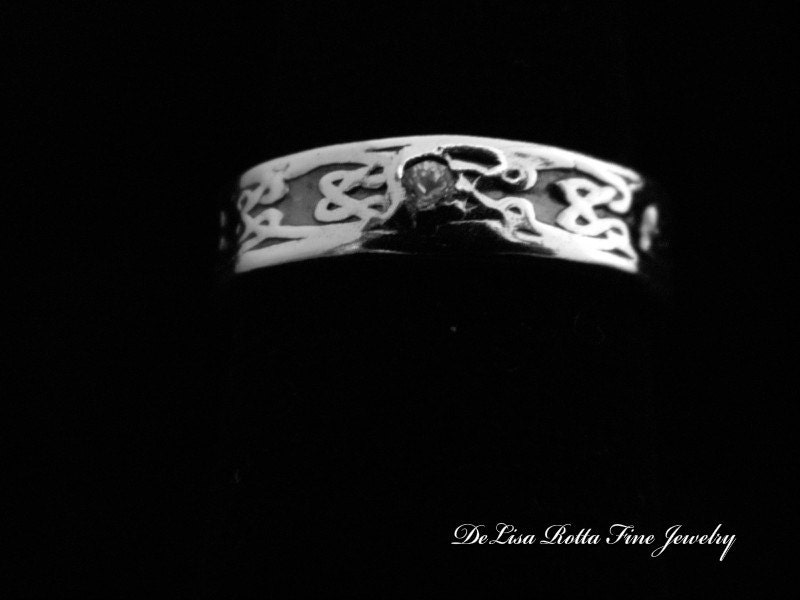 Recycled Silver Celtic Wedding Ring Band Diamond Alternative White Sapphire