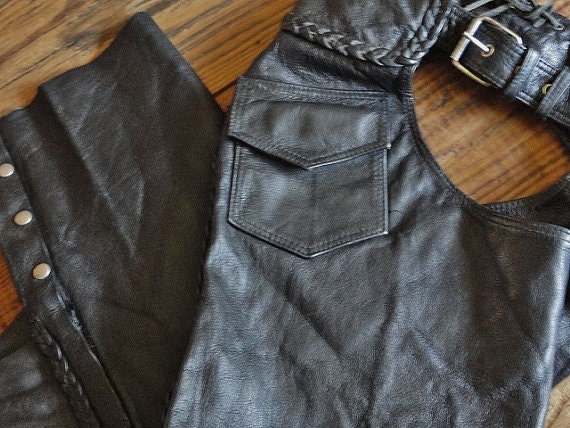 Vintage Leather Motorcycle Chaps, Black, Unisex