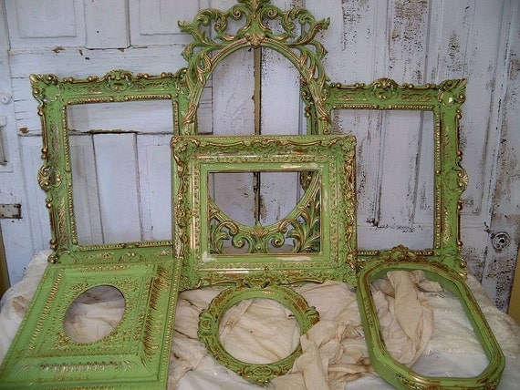 Large frames grouping hand painted Shabby chic french inspired distressed wall decor ooak Anita Spero
