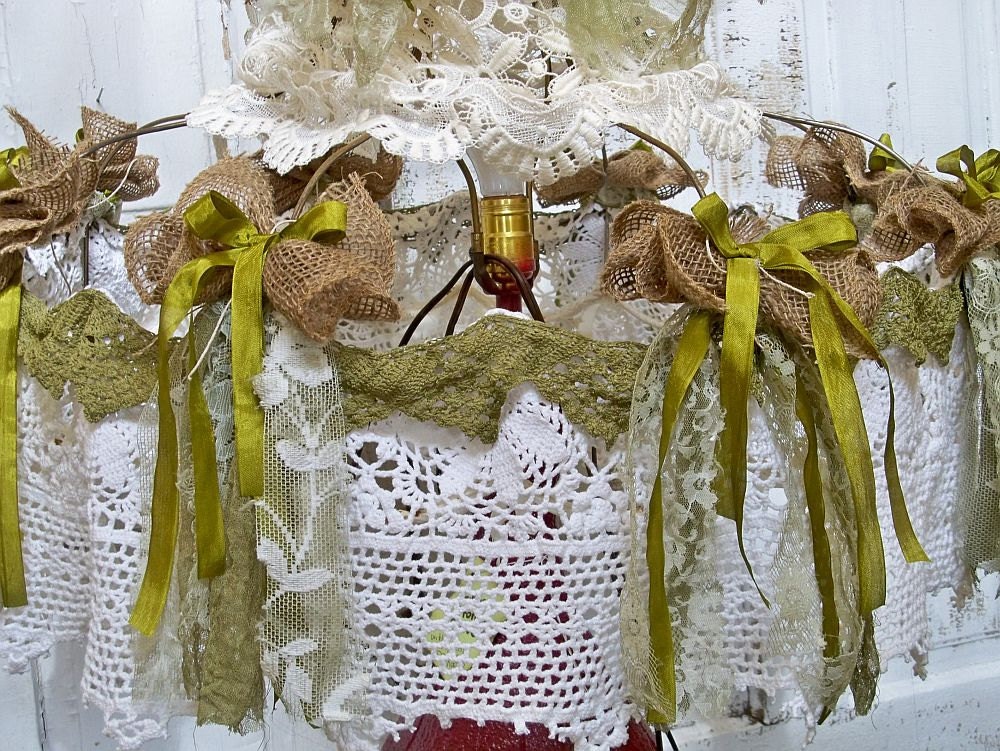 Shabby chic Victorian lamp shade decorated recycled materials tattered home decor OOAK Anita Spero