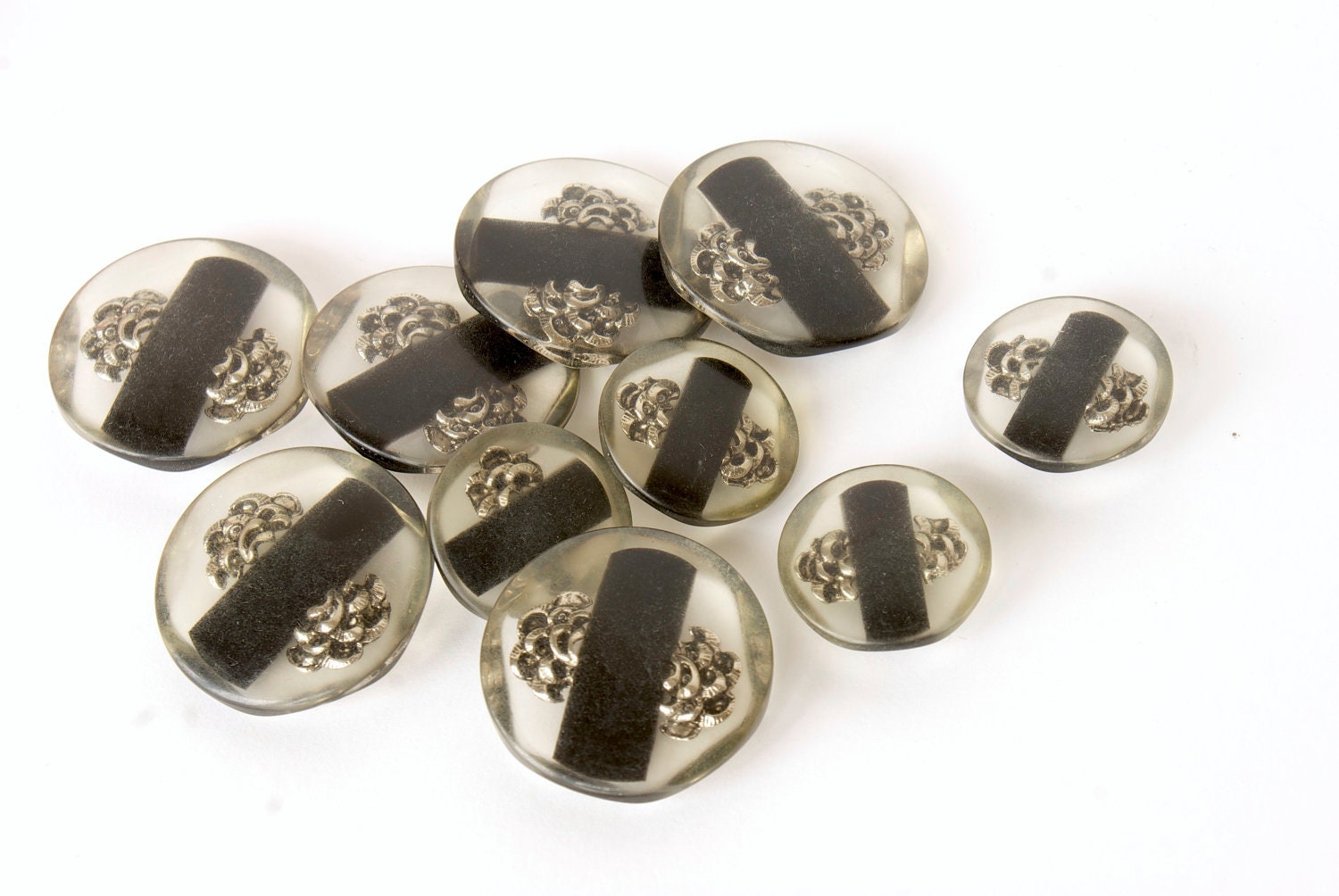 Vintage black transparent buttons, plastic buttons, big buttons, lot of 10