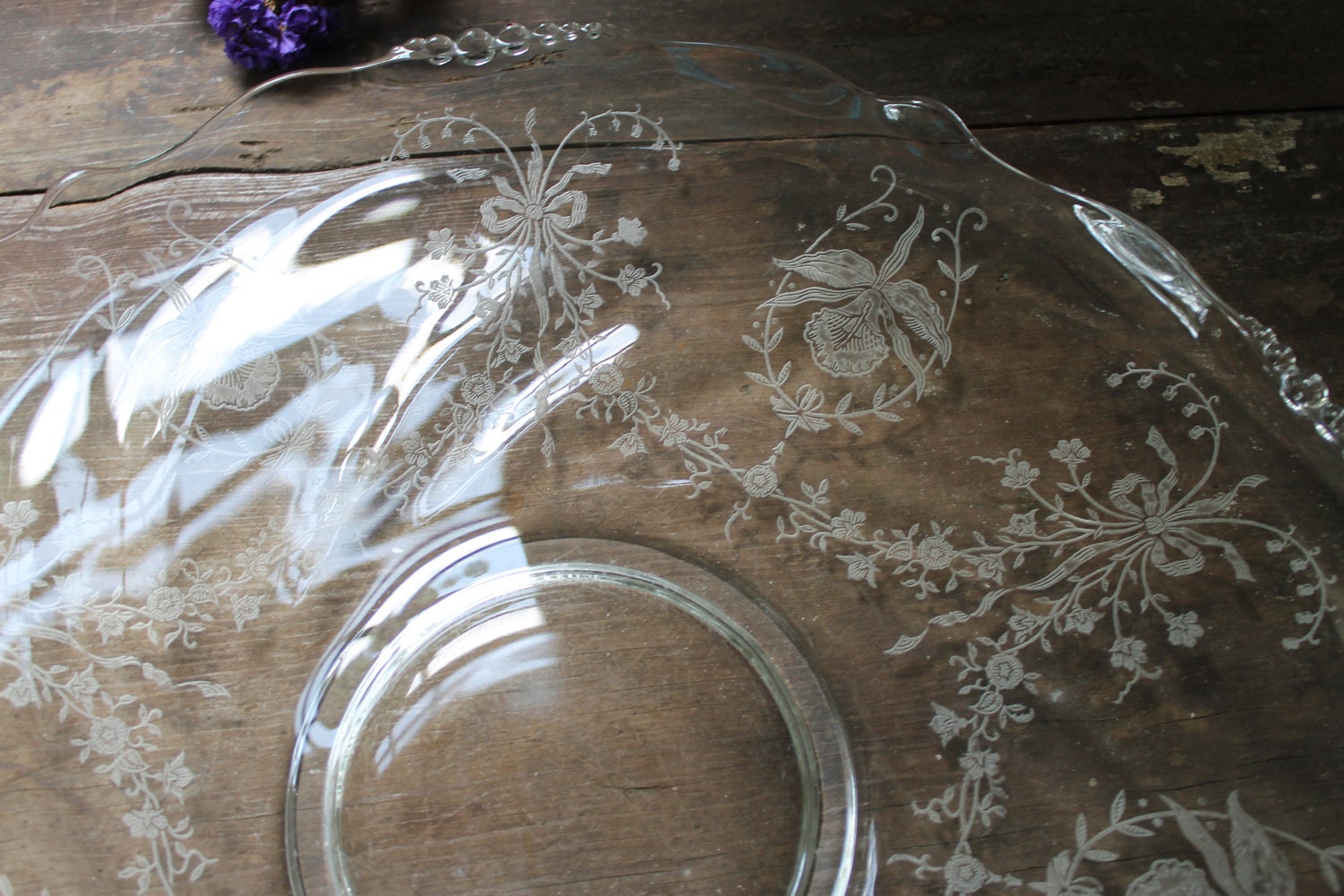 Vintage Heisey Clear Glass Etched Orchid Serving Platter