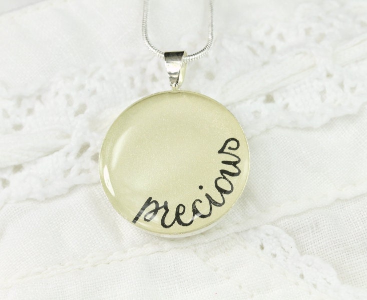 Precious - Word Necklace, Depeche Mode Inspired Necklace, Music Pendant, Unique Handmade Jewelry, Iridescent Ivory