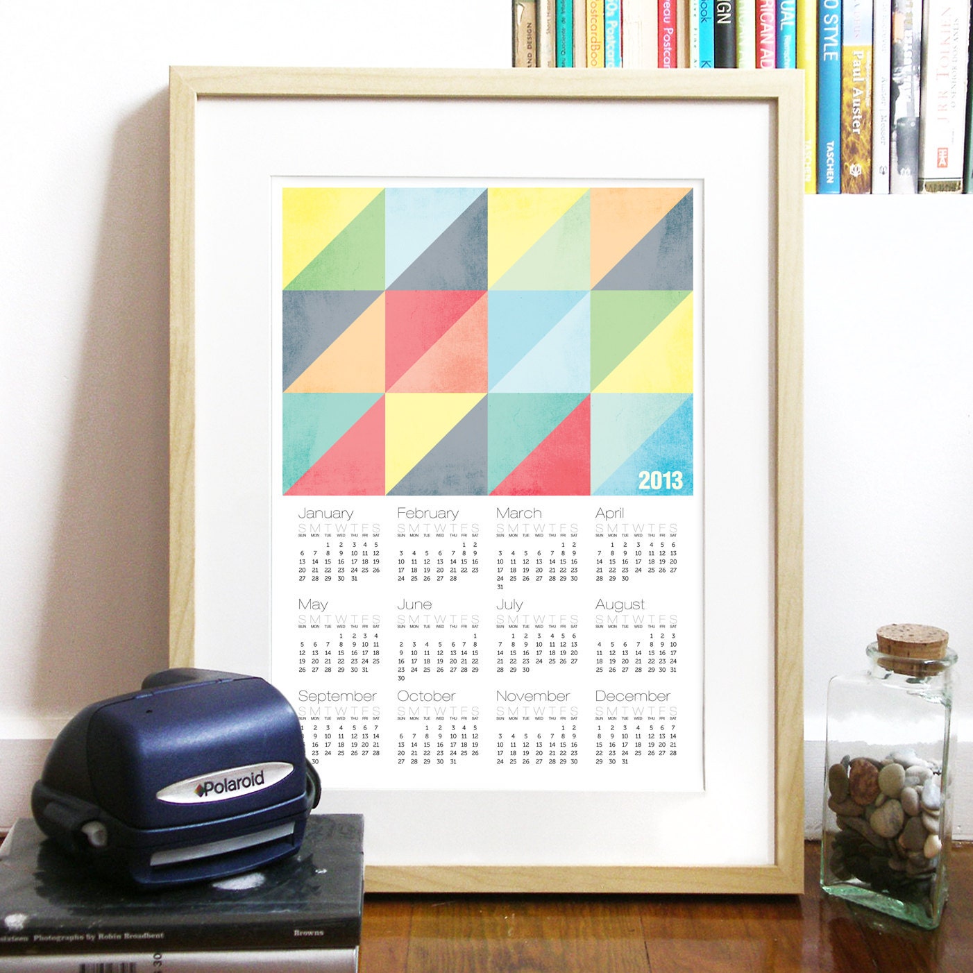 Calendar 2013 triangles chevron retro Art Poster Print Calendar Illustration in colors with triangles- A3 Calendar Poster art print- rainbow