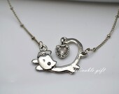 Cat necklace - antique silver cute running cat with lover heart crystal pendant, silver bead chain NCAT03