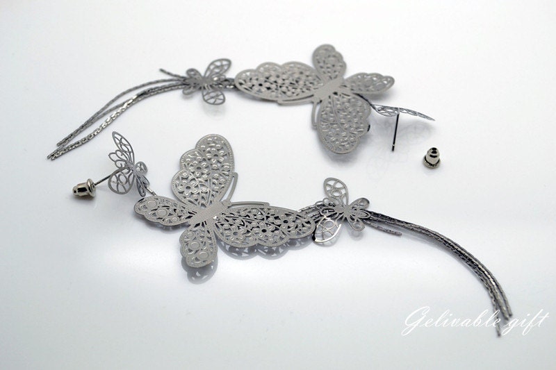 Butterfly ear stud earrings,three silver black butterfly with tassels EBF02