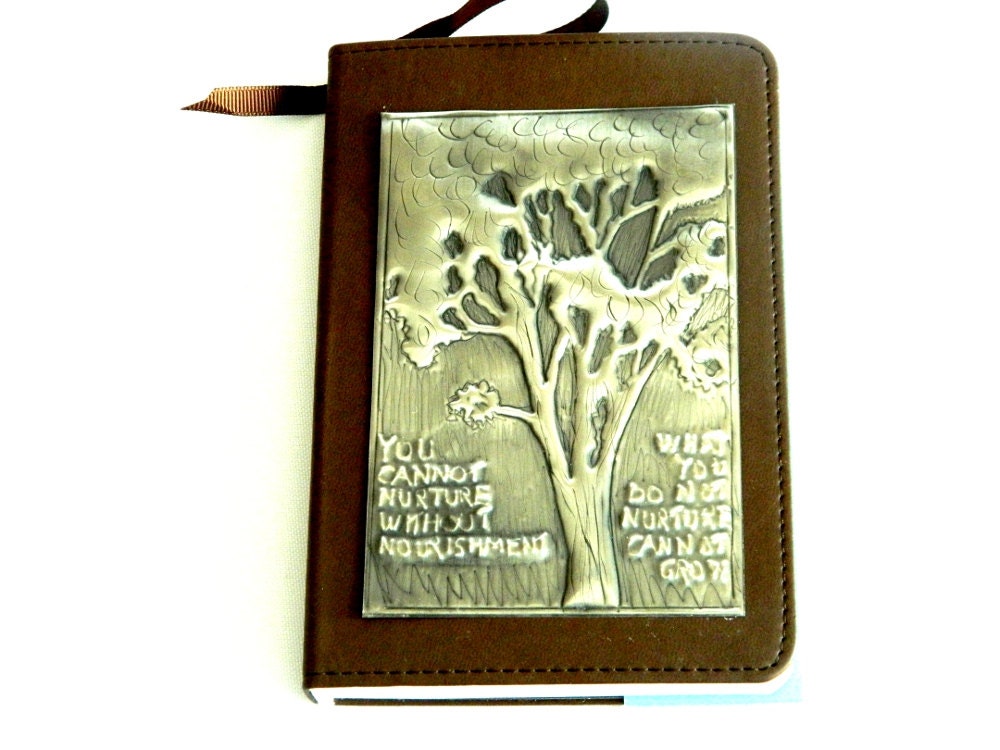 Journal Brown Smooth Leatherette Pewter Tree Inspirational Quote - Loutul