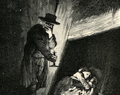 1895 Wood Engraving man watching child sleep 19th century France Cosette and her doll