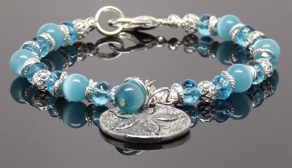 SANDDOLLAR MESSAGE BRACELET:  8" Hand Beaded Turquoise Accessory Gift