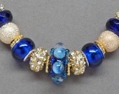 ELEGANT ROYAL BLUE:  European Style Large Hole Lampwork Bead Blue Gold Necklace Accessory Gift