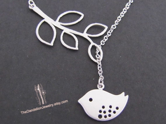 SALE 10% - Branch and bird lariat in white gold