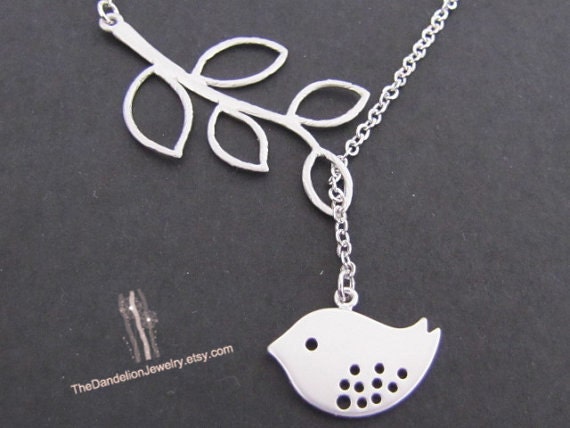 SALE, 10% OFF: Branch and bird lariat necklace in white gold, Bird necklace, branch necklace, bird pendant
