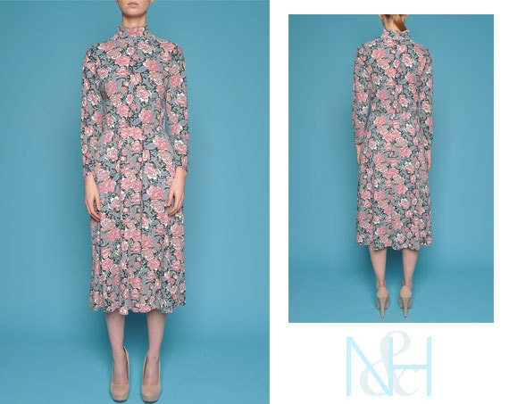 Vintage 90's Floral Turtleneck Long-Sleeve Dress with Side Pockets