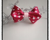 Strawberry red polka dot satin bow clip. 