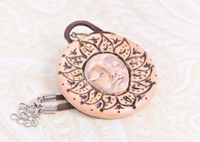 Beige Sun Cameo Wooden Necklace - Woodburning Medallion Pendant - Wood Jewelry