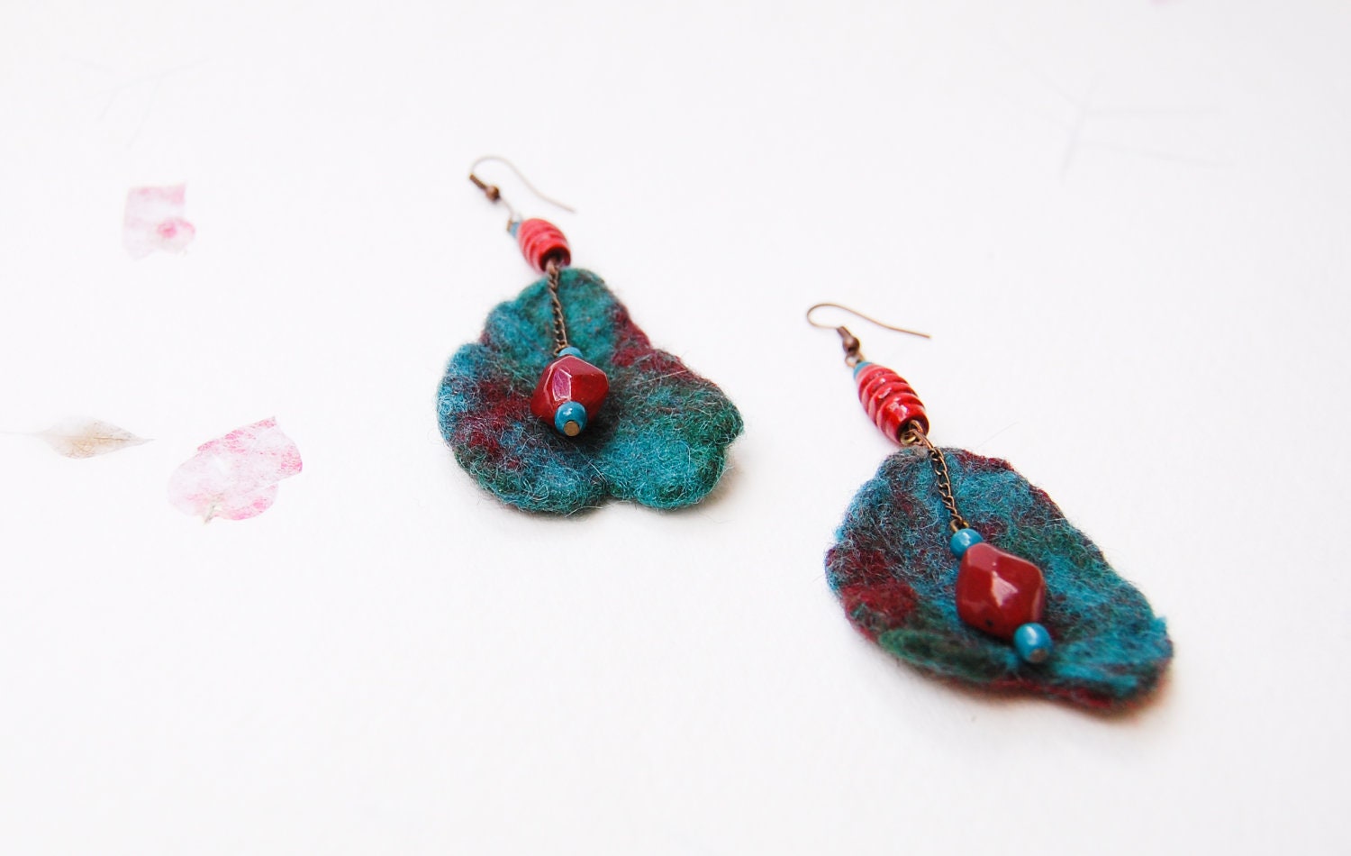 Teal Blue and Red Felt Earrings - Soft Fiber Dangle Earrings - OOAK Artsy Felt Jewelry
