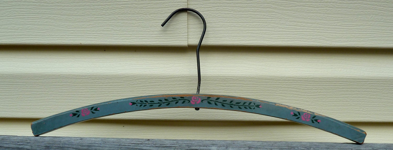 Victorian Wood Clothes Hanger Green With Pink Roses