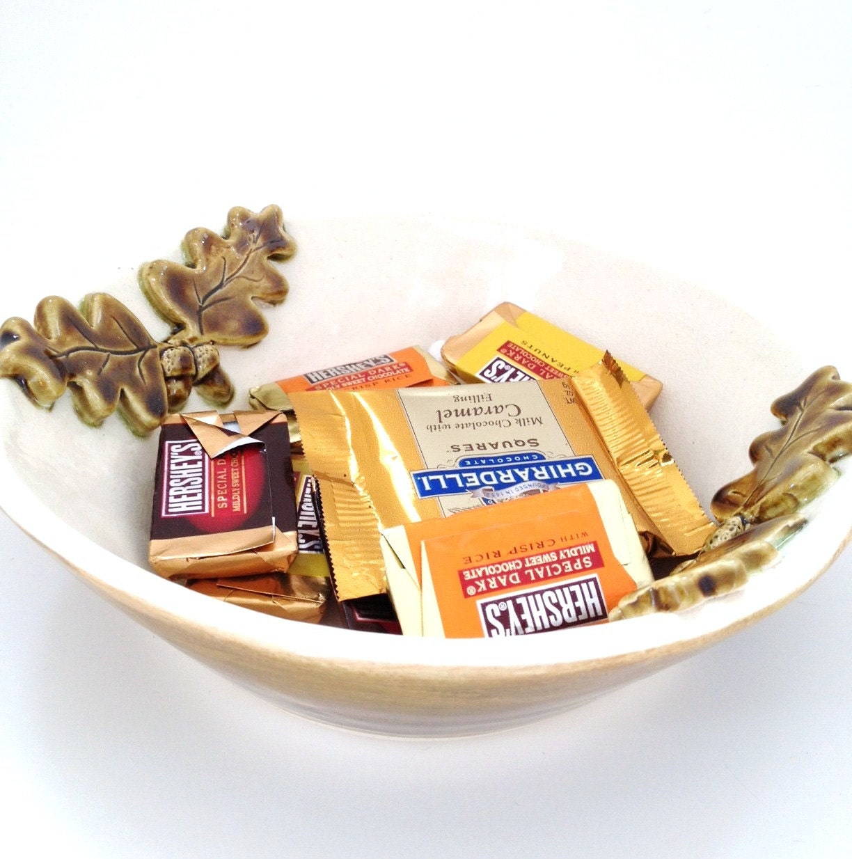 Fall Leaves and Acorns Porcelain Bowl Dish In White and Amber Brown MADE TO ORDER