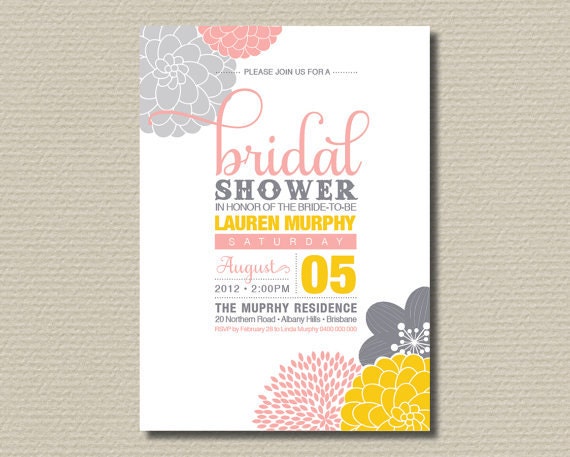 Printable Bridal Shower Invitation - Modern flower design in Pink, Grey & Yellow