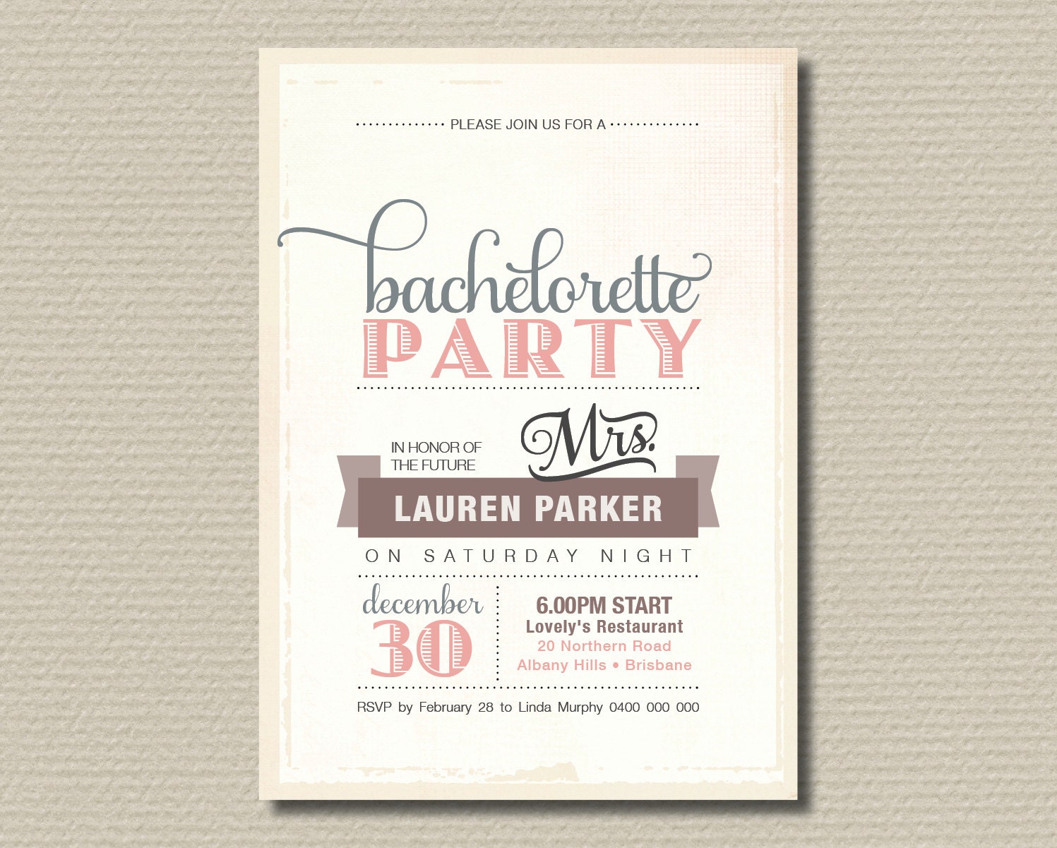 Printable Bachelorette Invitation - Vintage Poster design with soft pink, brown & grey (BR88)