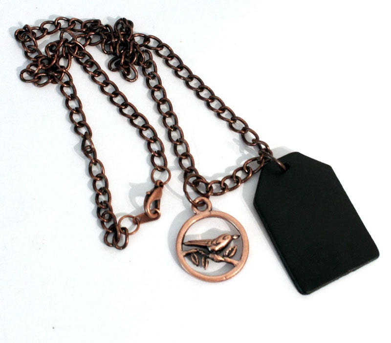 Chalkboard Tag Necklace with Copper Bird Charm