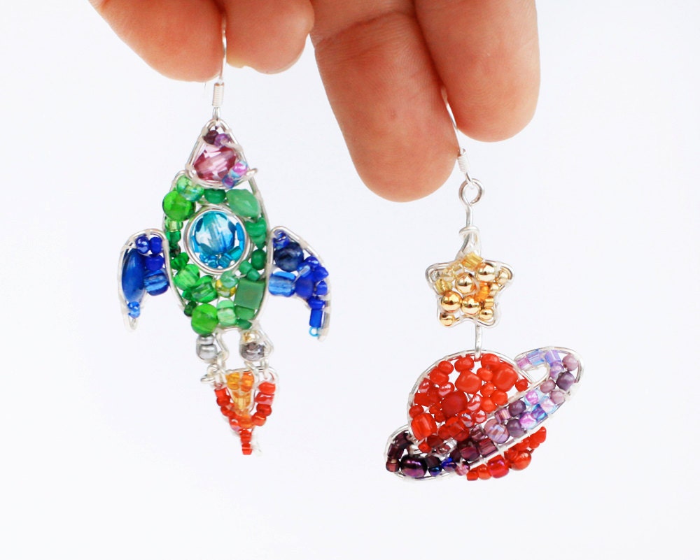 Reserved For Bonnie: Rocket and Planet Beaded Earrings