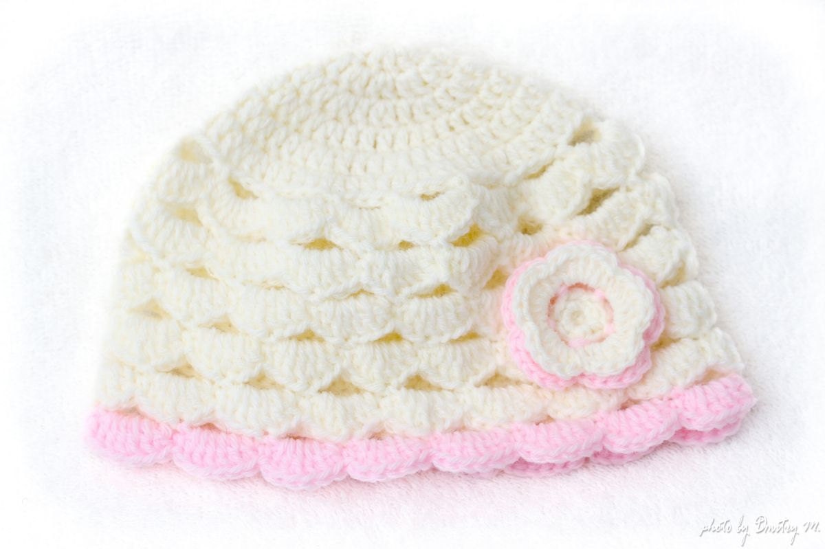 Crochet newborn baby girl  Hat in cream and baby pink with flower aplique Photo Prop or Winter Hat