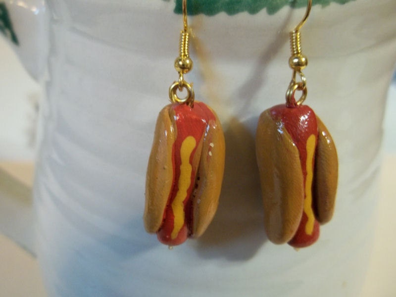 Hot Dog Earrings, Polymer clay charms, hot dog jewelry, new year accessories, gag gifts, food jewelry, hot dog accessories