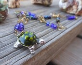 Turtle Necklace Wire wrapped Handmade Necklace with Brass Wire Blue and Black Beads and Turtle Charm