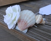 Seashell Barrette Handmade Hair Accessory Design using Natural Scallop and Crown Shells - White Rose - with French Style Hair Barrette