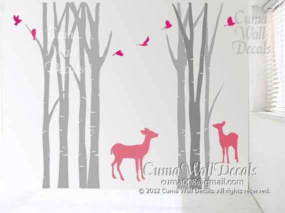 tree wall decals deer birds nature forest Vinyl wall decals animal wall decal nursery wall sticker children - 7tree birds deers Z137 Cuma