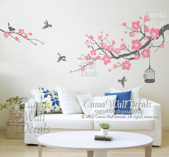 cherry blossom wall decal birds wall decals flower vinyl wall decals birdcage wall mural birds wall sticker nursery- flower tree Z157 cuma