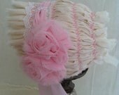 Baby Bonnet,Baby Flower and Lace Bonnet, Newborn Baby Bonnet, Baby Girl bonnet, Flower and Lace bonnet,