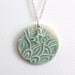 Porcelain Ceramic Pendant Necklace Round with Stamped Design in Green and Yellow Glaze OOAK