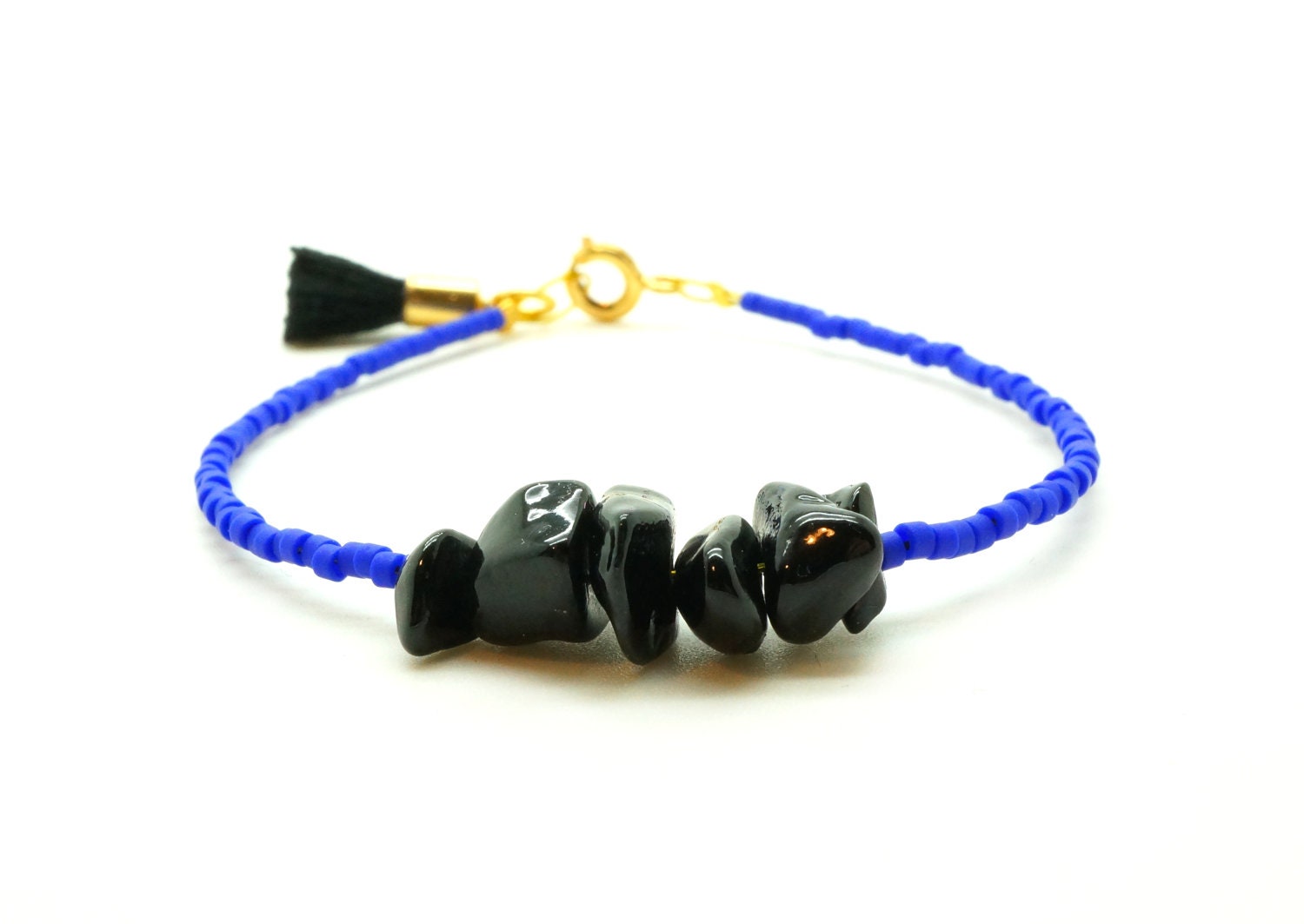 Cobalt Blue and Black Beaded Friendship Bracelet with Tassel